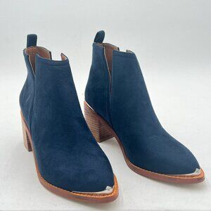 YDN Navy Low Heeled Ankle Boots Faux Suede Cowboy Cutout with Metal Toe Booties